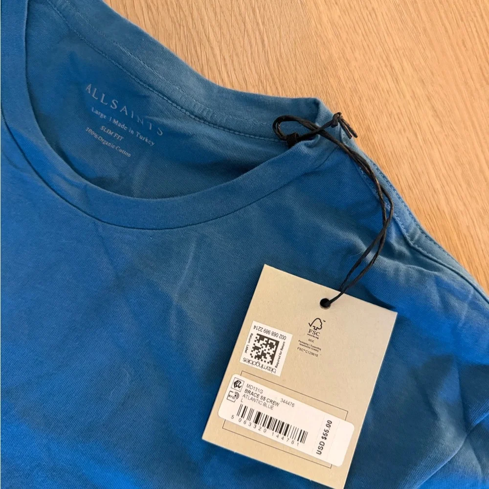 All Saints Men’s Blue Crewneck T-Shirt with Signature Embroidered Logo - Picture 2 of 2